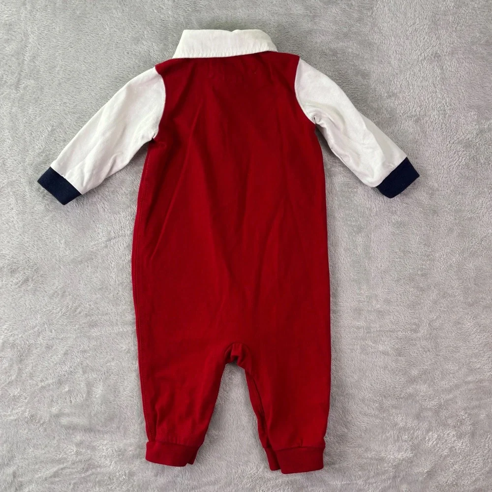 Ralph Lauren Baby One Piece Romper Sz 6M Red White Varsity Patch‎ Long Sleeve